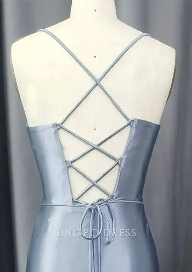 TingPo Wholesale Elegant Sheath/Column Sweetheart Sleeveless Sweep Train Silk like Satin Prom Dresses with Pleated Split